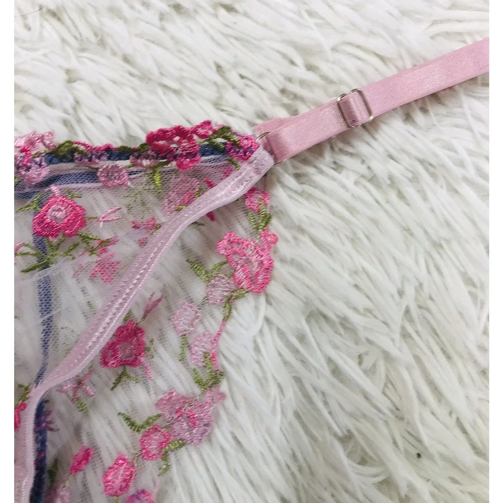 Multicolor Pink Thong Panty M MEDIUM Strappy Mesh Floral NWOT